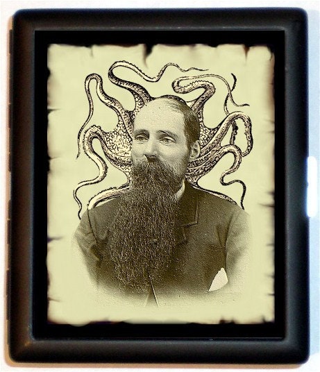 Surreal Victorian Man Esoteric Victoriana Art Octopus Steampunk Man Cigarette Id Case Business Card Holder Wallet