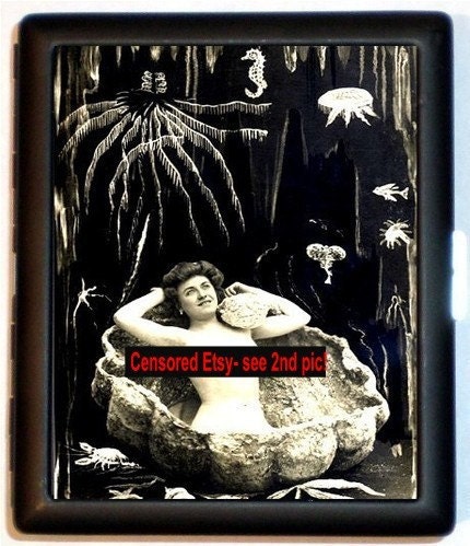 Edwardian Art Nouveau Cigarette Case Id Holder Business Card Case Woman in Shell Under the Sea Whimsical