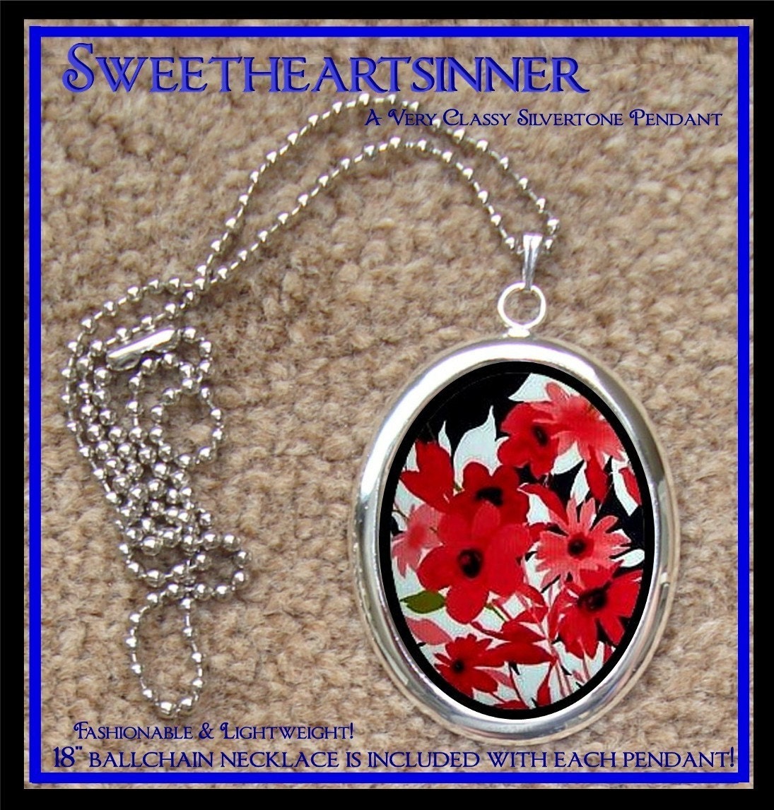 DIVINE BLISS DESIGNS - Silver Tone Pendant With Chain - Red Flowers