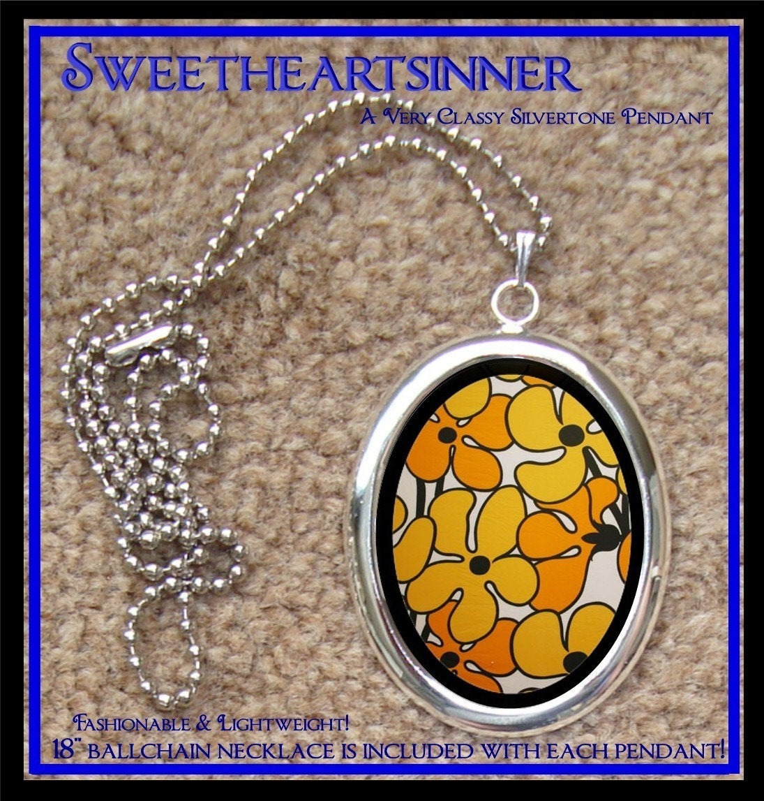 DIVINE BLISS DESIGNS - Silver Tone Pendant With Chain - Orange Mod Flowers 60s