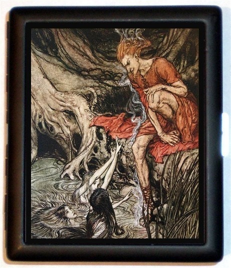 Fairy Tale Illustration Ghoul and Mermaid Group Goth Spooky Haunting Cigarette Id Case Business Card Holder Wallet