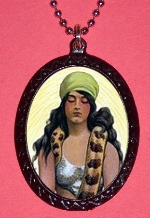 Snake Charmer Goddess Handcrafted Handcasted Metal Pendant Handpainted Black and assembled by myself with a ballchain necklace