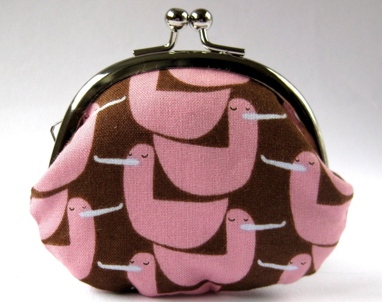 Coin purse pink ducks on chocolate brown
