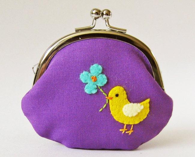 Coin purse - bird with flower on purple
