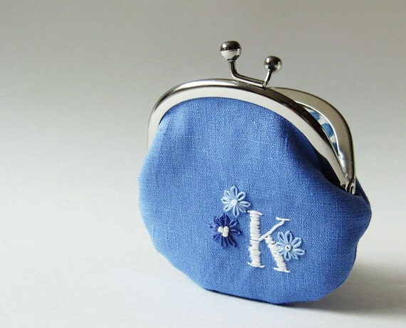 Personalized coin purse in blue with white initial and flowers