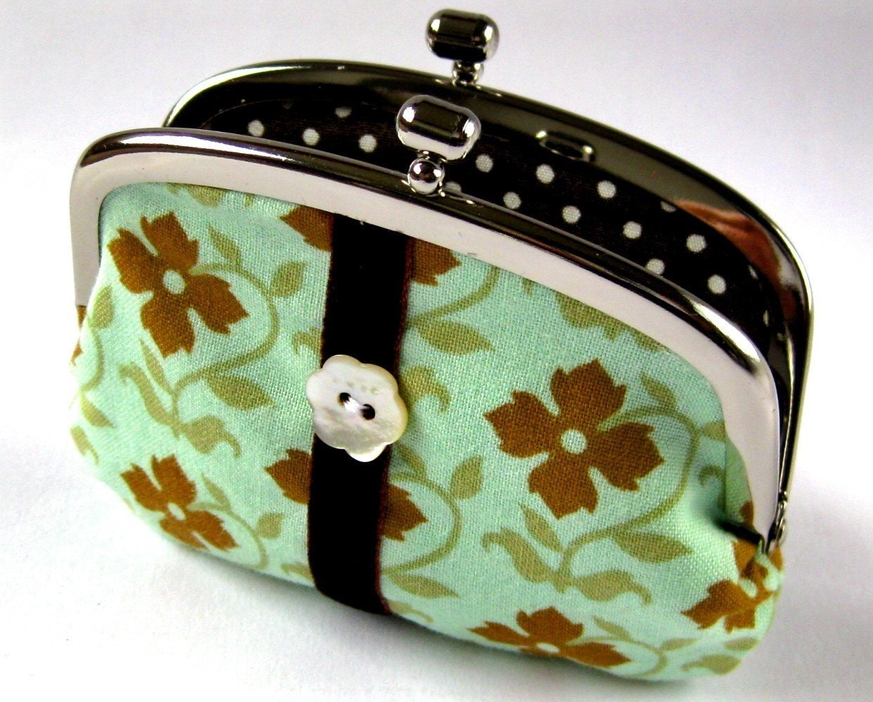 Coin purse - mint green flowers and velvet