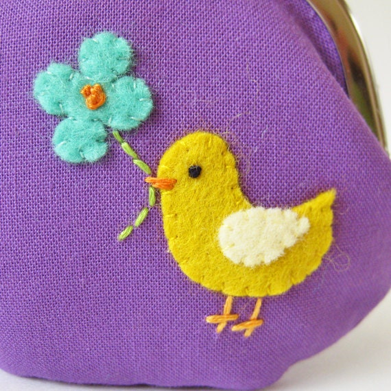 Coin purse - bird with flower on purple