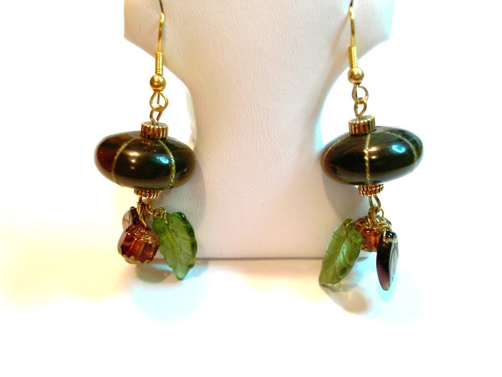 Antique Elk Horn, Glass Leaves and Brass Beads Earrings