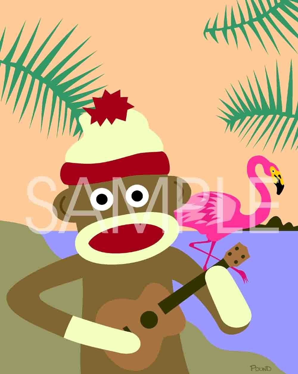 Sock Monkey Ukulele Pink Flamingo Pop Art 8x10 Print