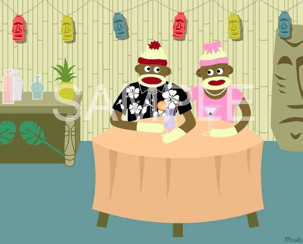 Sock Monkey Love Boy and Girl Tiki Pop Art 8x10 Print