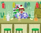 Sock Monkey Tiki Bar Pop Art 8x10 Print