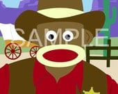 Sock Monkey Western Cowboy Pop Art 8x10 Print