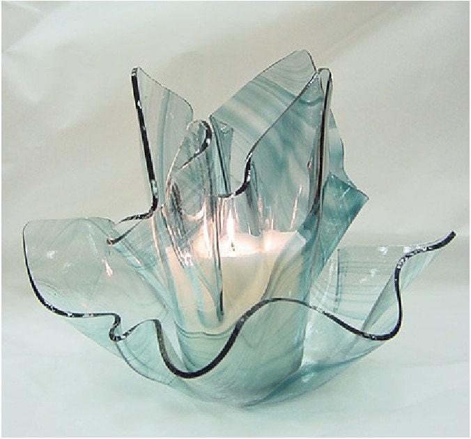 Vase Candle - Steel Blue on Clear Baroque Draped Glass Vase & Dish