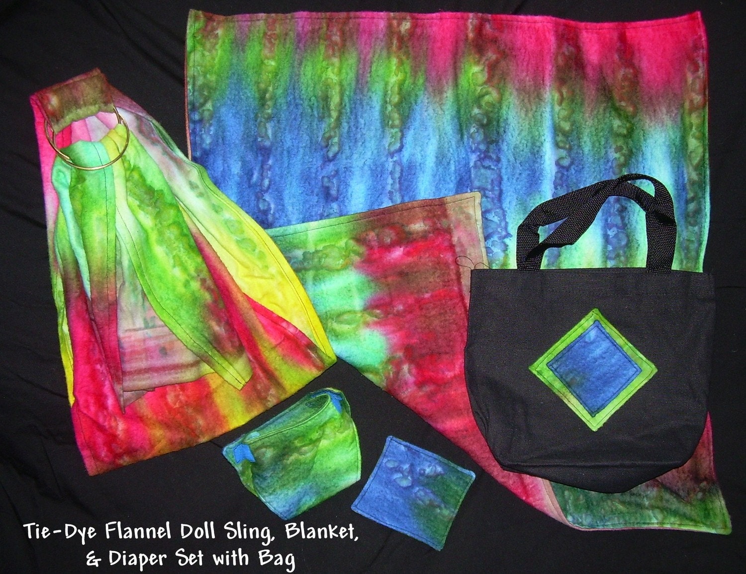 SALE-Tie Dye Flannel Doll Sling, Diaper, Blanket, and Bag Set-Ready to Ship