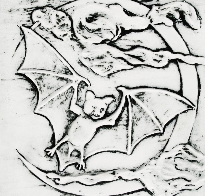 Bat, Clouds, and Crescent Moon - home decor - ceramic tile with black and white glazes