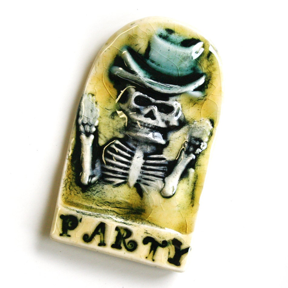 Party Skeleton with a Fancy Tophat who really wants to party  - ceramic tile magnet - topaz yellow and turquoise