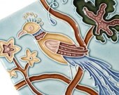 French Art Nouveau Fancy Bird in Tree - handmade ceramic tile for home decor - kitchen backsplash, bath, fireplace