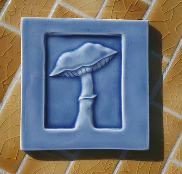 Gypsy Mushroom - Cobalt Blue Glossy Glaze - Handmade Ceramic Art Tile for your home