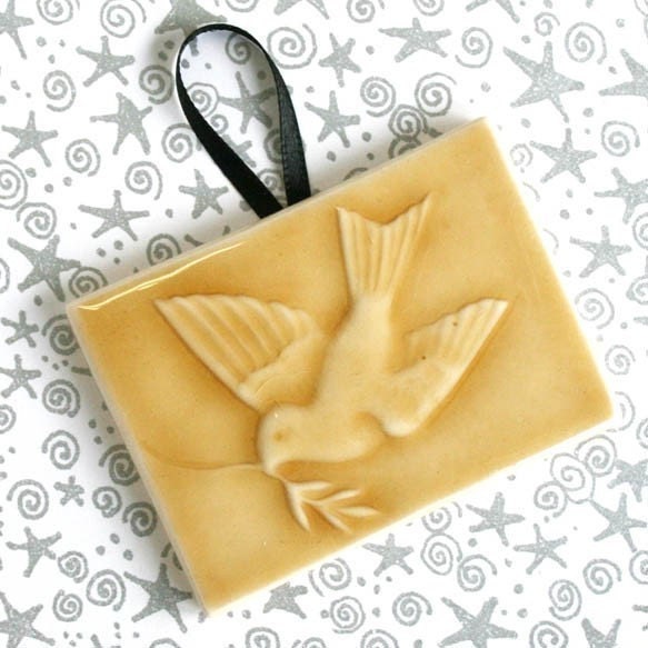 Bird of Peace - Handmade Ceramic Tile Ornament in glossy Goldenrod crackle glaze