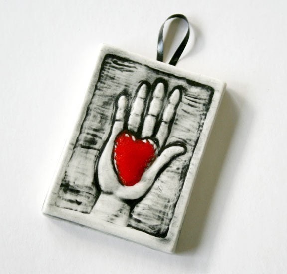 Valentine Heart in Hand  - small ceramic tile ornament - red, black, white - Valentine love