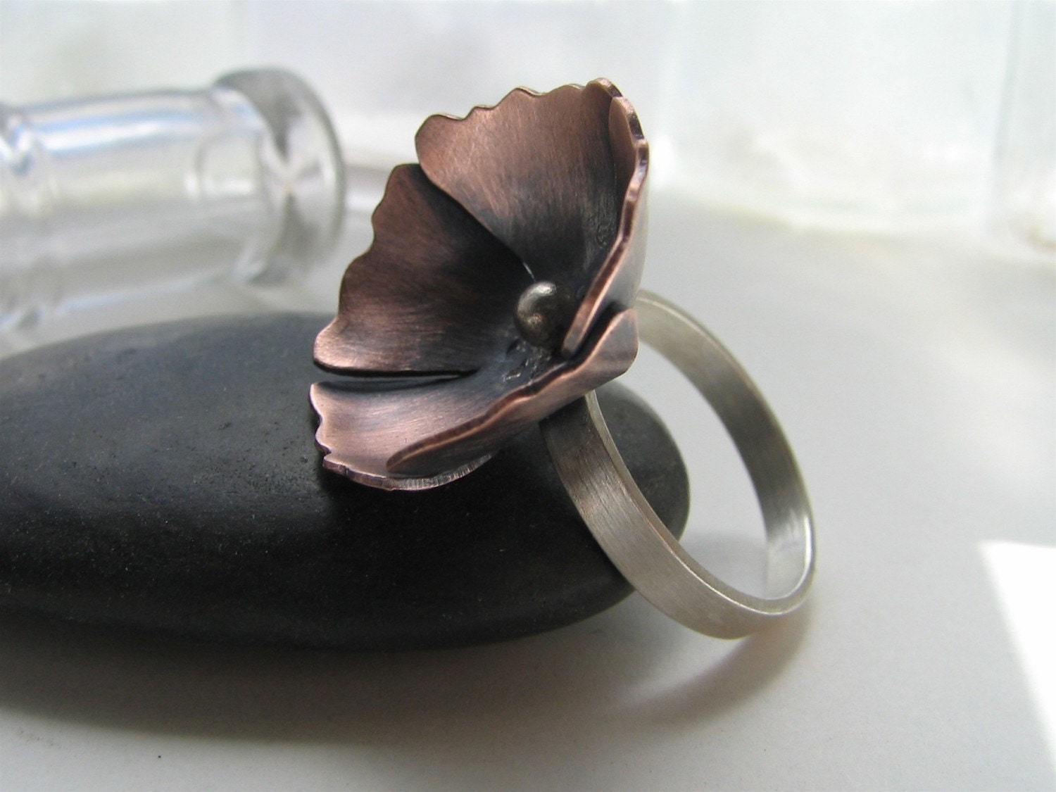 Poppy copper and sterling silver blossom ring - made to order