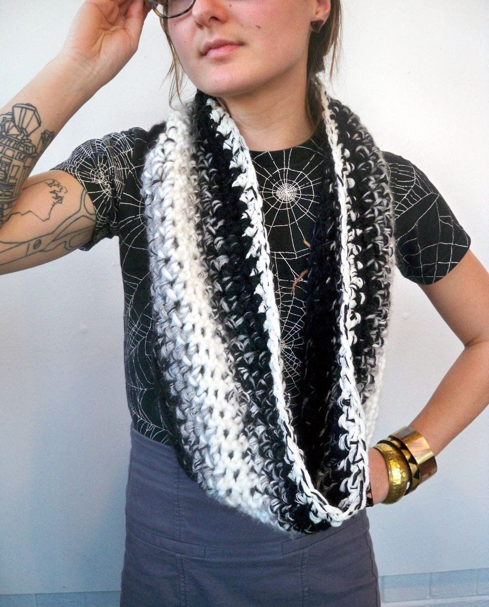 Black and white ombre striped infinity scarf  - chunky knit circle scarf cowl 