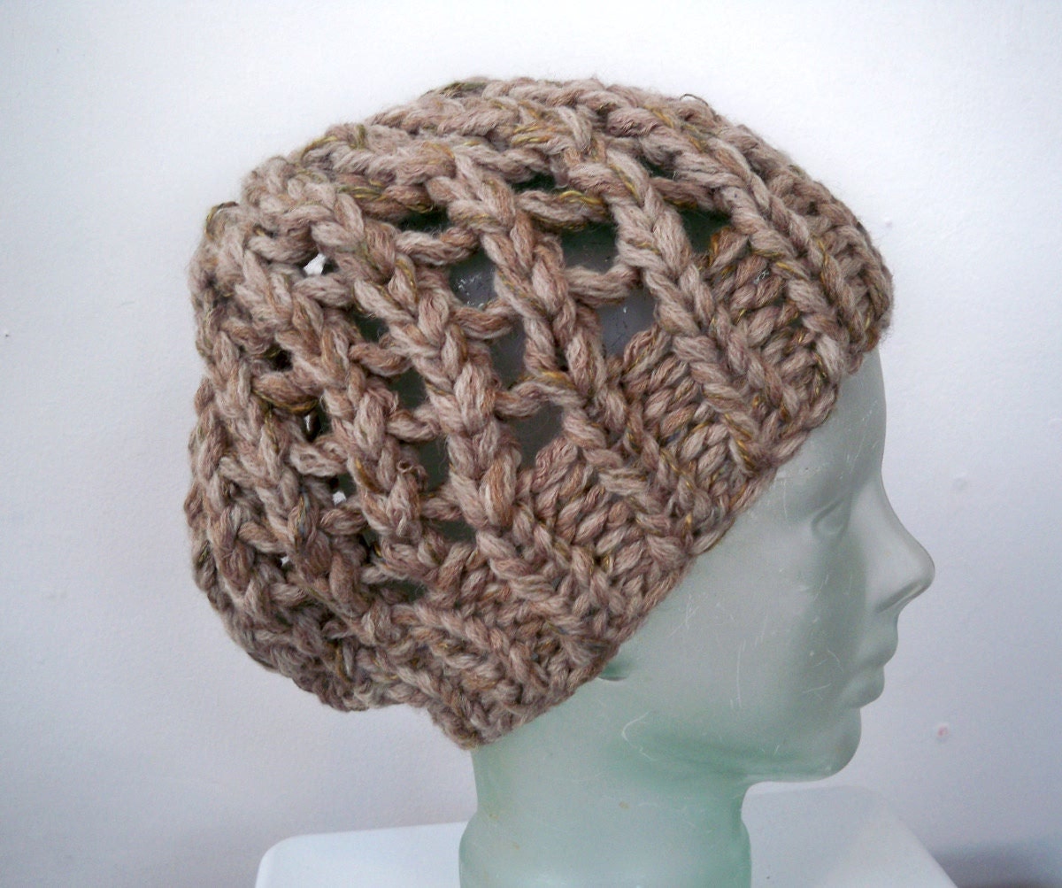 Tan chunky knit beanie - OOAK recycled yarns - ecofriendly oversized lace hat