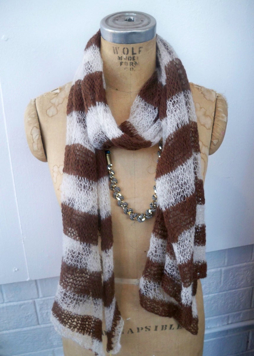 Striped scarf in recycled mohair cream and brown- airy lightweight wrap - sheer stripe shawl