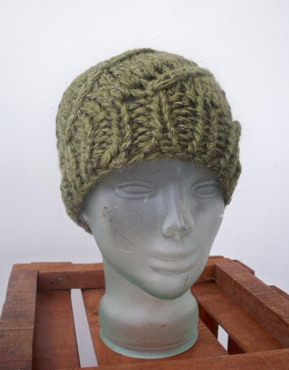 Olive green chunky knit lace hat - slouch beanie in recycled eco wool mohair