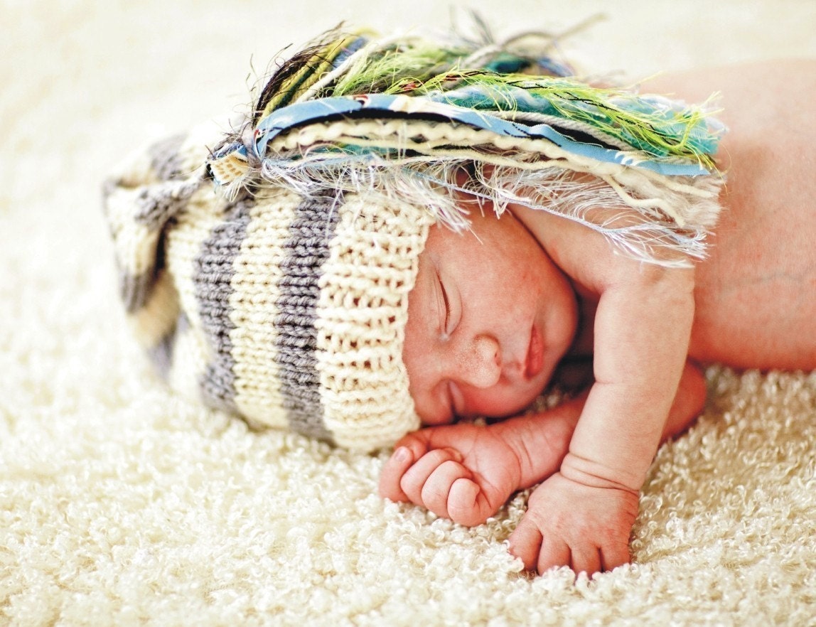 Newborn Boy Girl Hat Baby PHoTO PRoP Super FaT Tassel Chuckles CaP Knit to Order UNiGender Ivory Grey Stripe w Soft Blue Green PiCk CoLors
