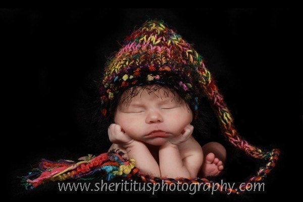 Newborn BABY OZ Girl Boy Hat PHoTO PRoP Munchkin Stocking Cap FuZzy Brim FaT TaSSeL Sari Silk TeXTuRed Knit to Order PiCk CoLor Unigender