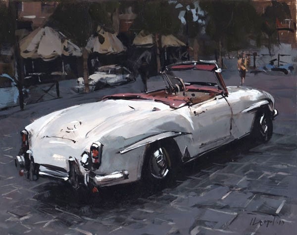 Art Car Classic Print Vintage Auto Roadster Mercedes 9x12 on 11x14 - Mercedes Roadster by David Lloyd