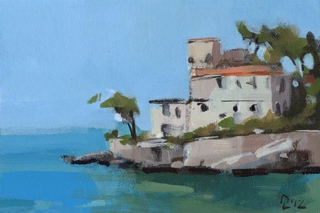 Original Painting Seascape Tuscany Landscape Ocean Sea Coast 3.5 x 5 Acrylic - Tuscan Villa by David Lloyd