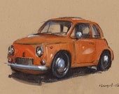 Original Painting Fiat 500 Vintage Auto Watercolor Sketch Drawing 5x7 Line and Wash - Orange Fiat 500 by David Lloyd