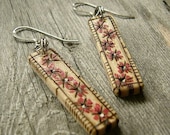 Natural Birch WOOD Earrings with etched red poppies / eco friendly organic jewelry / rustic refined