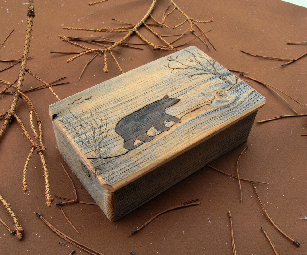 Handmade Rustic Wood Keepsake BOX with etched Bear ..from reclaimed weathered barnwood