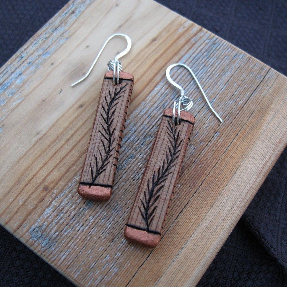 Cedar WOOD Earrings...with etched evergreen twigs