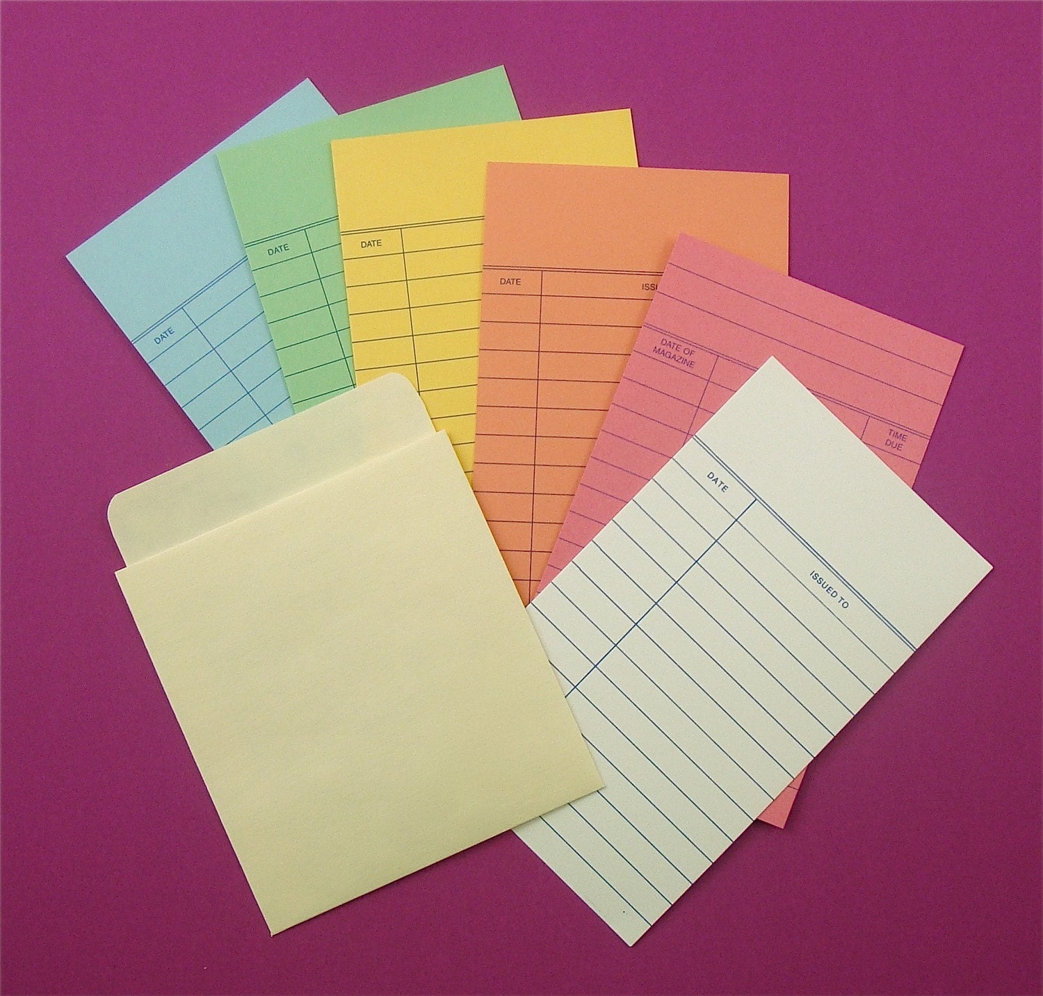 50 SETS authentic library cards and pockets / white & rainbow cards