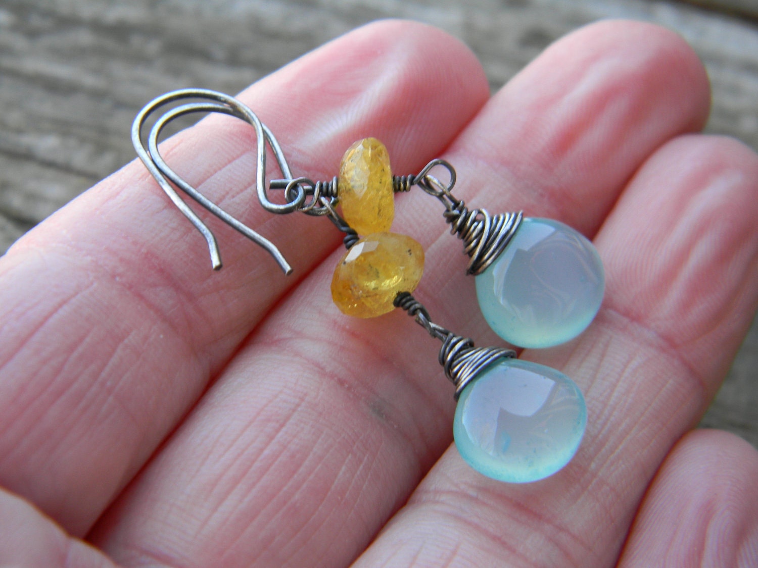 smooth aqua chalcedony and rare faceted yellow helidor aquamarine earrings - oxidized silver