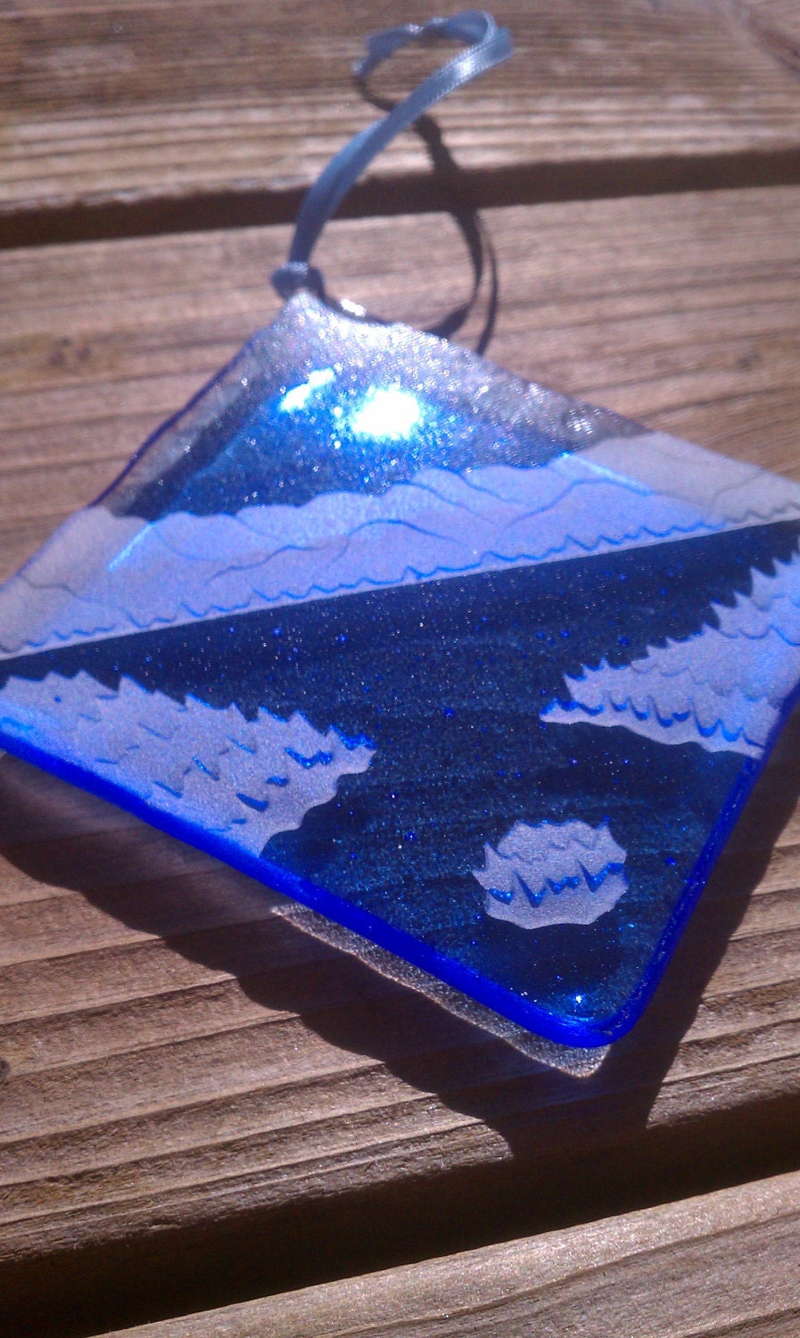 A Frosty Winter: Emerald Bay at Lake Tahoe fused and sandblasted ornament