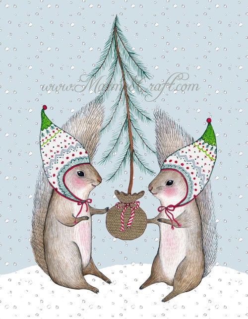 SALE Christmas squirrel holiday art print, "Merry Little Squirrels" SALE