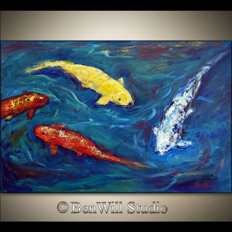 KOI FISH Painting Large ORIGINAL Impressionist Art Blue Turquoise Orange Red Textured Art, Gallery Canvas 36x24 by BenWill