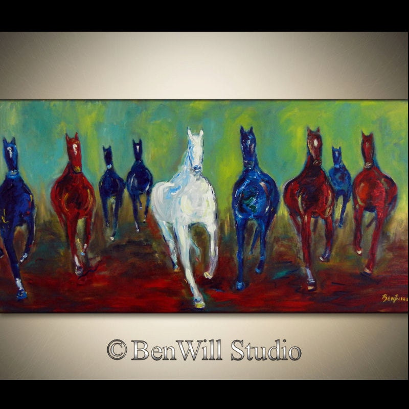 Original Southwestern HORSE Painting Colorful Western Art Brown Blue Large Oil Painting - WILD HORSES 48x24 by BenWill