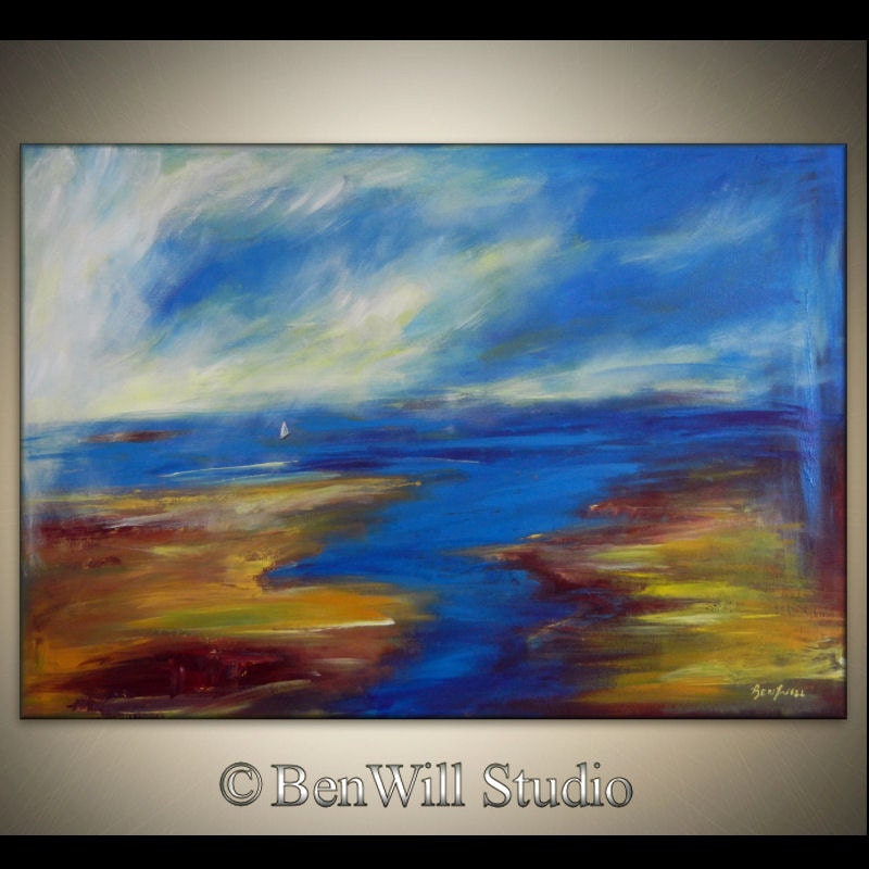Large Abstract SEASCAPE Oil Painting ORIGINAL White SAILBOAT Impressionist Fine Art on Gallery Canvas 40x28 by BenWill
