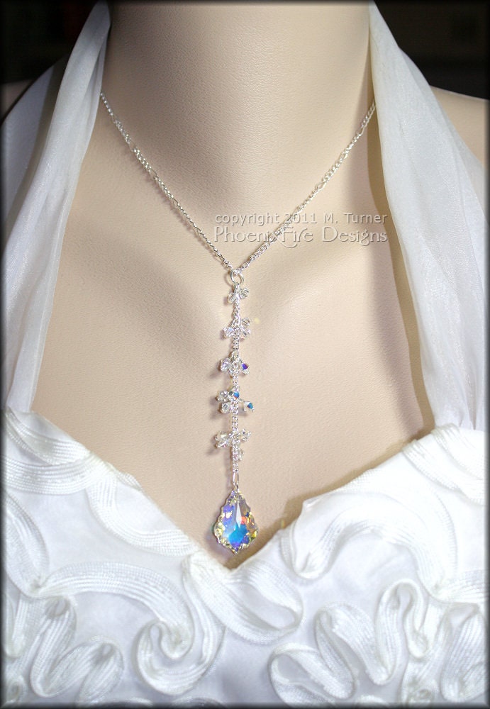 Wedding Swarovski Crystal Necklace Baroque Dangle Cluster AB Finish Sterling on Silver Figaro Chain Bride Bridal