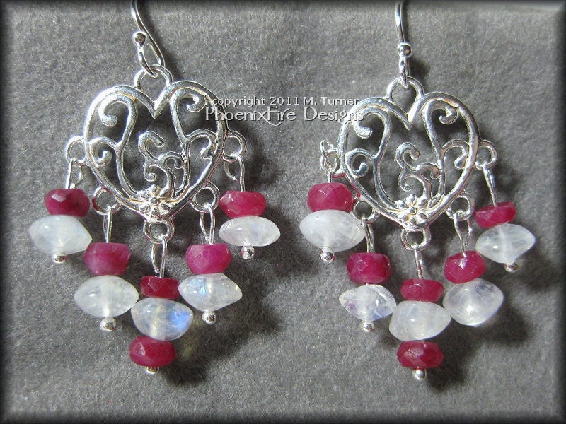 Ruby and Rainbow Moonstone Gemstone Heart Earrings in Sterling Silver Valentines Day Love Sweetheart