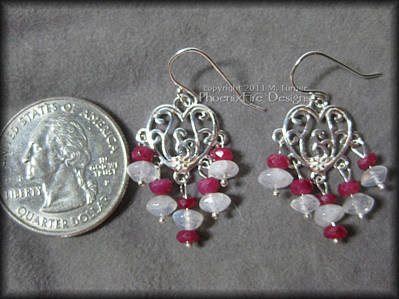 Ruby and Rainbow Moonstone Gemstone Heart Earrings in Sterling Silver Valentines Day Love Sweetheart