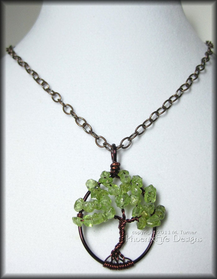 Tree of Life Pendant in Peridot Gemstone and Brown Wire