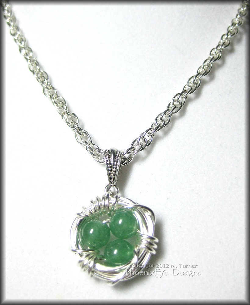 Bird Nest Pendant with Green Aventurine Eggs in Sterling Silver Wire Wrapped Mother's Day Mom Mum