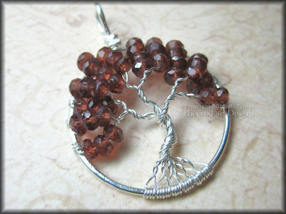 January Tree - Garnet Tree of Life Pendant in Sterling Silver Wire Wrapped January Baby Birthstone Birthday Gift
